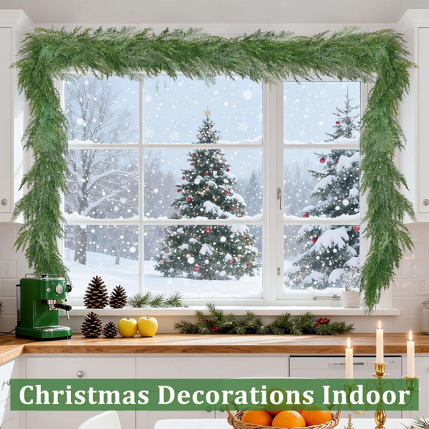 Christmas Cedar Garland, 6 Ft by 10 Inch Real Touch Soft and Thick Green Faux Pine Garland Artificial 40 Cedar 50 Cypress for Home Decor Fireplace Wall Indoor Outdoor Holiday Party Decorations
